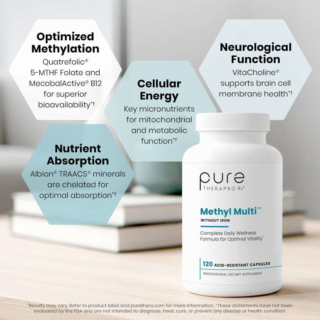 Pure Therapro Rx Methyl Multi Without Iron, Multivitamin, 120 Capsules | Daily Multivitamin with Vitamin C, B12, A, Methyl B12 & Methylfolate, For Men & Women, Made in USA, 60 Servings
