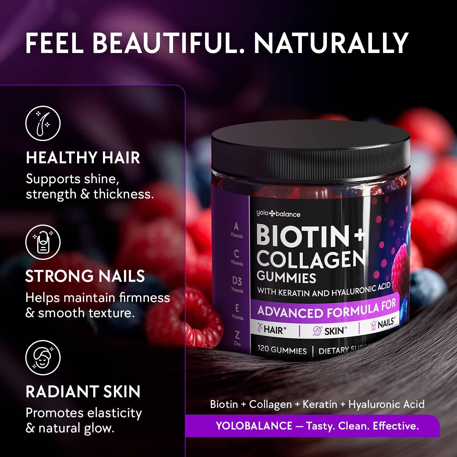 Biotin Gummies 10000mcg for Hair Growth Support - Sugar Free Multi Collagen with Keratin, Silica & Hyaluronic Acid - Pectin Based, Soft Chew Hair Skin and Nails Vitamins - 120 Count