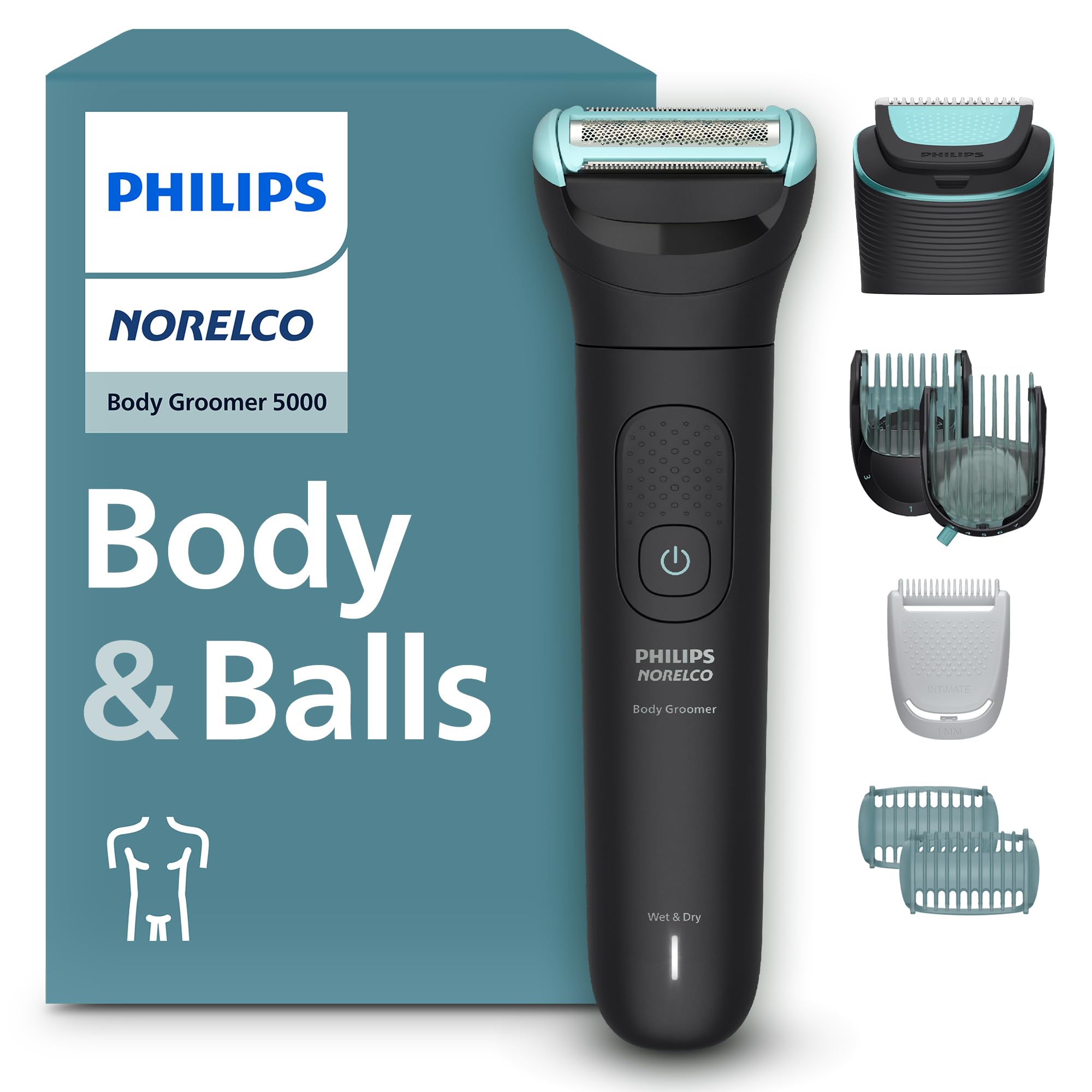 Philips Norelco Body Groomer 5000 Series, Intimate Hair Shaver & Trimmer for Men with Interchangeable & Adjustable Full Body Trim & Shave Heads, 100% Showerproof, BG5490/50