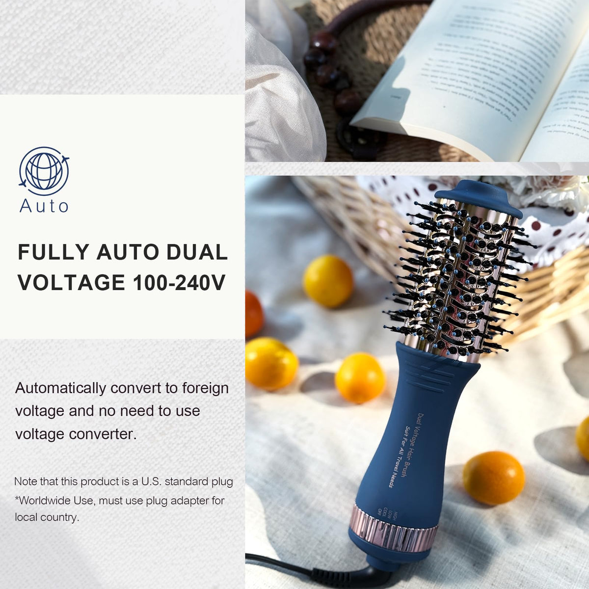 Premium imported 4-in-1 dual voltage hair dryer, ideal for global travel. Automatic voltage conversion for convenience.