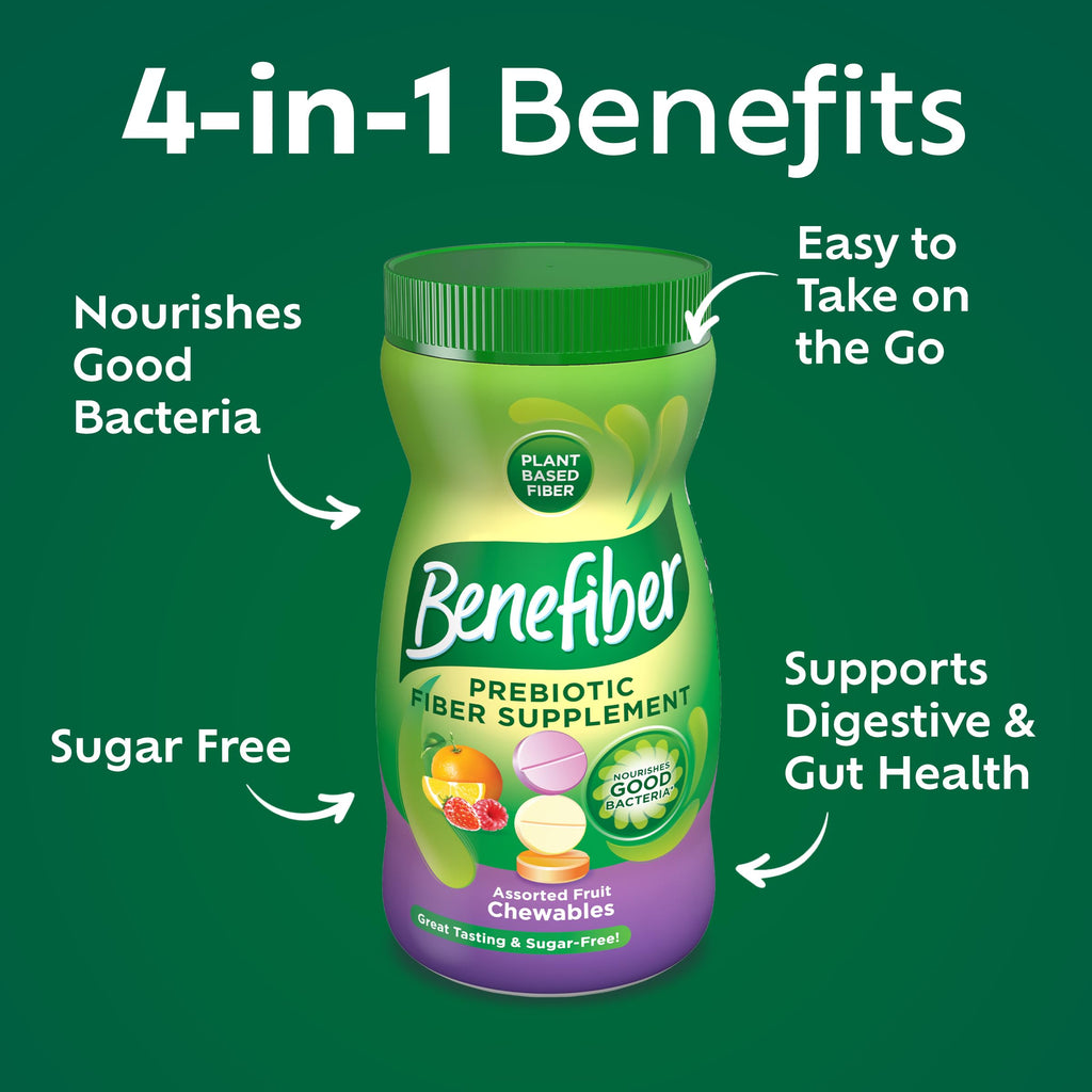 Benefiber Chewable Prebiotic Fiber Tablets, Assorted Fruit Flavors, 100 Ct | Plant-based Prebiotic Fiber, Supports Gut Health by Nourishing Good Gut Bacteria, GLP-1 Support for Digestive Health