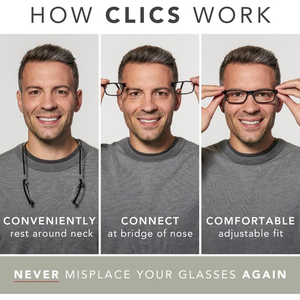 Buy now Clic Magnetic Reading Glasses for Men or Women, Computer Readers, Original Long (M-L, Black, 1.75 Magnification) at indiglob india