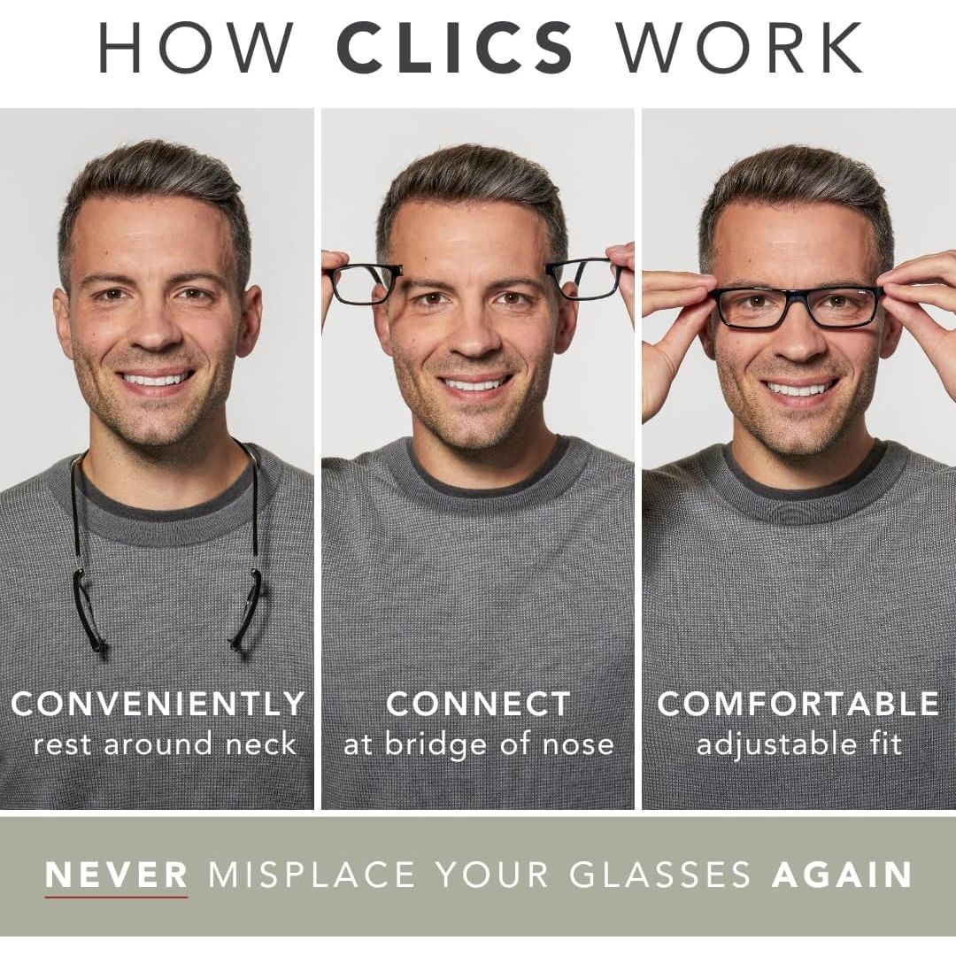 Buy now Clic Magnetic Reading Glasses for Men or Women, Computer Readers, Original Long (M-L, Black, 1.75 Magnification) at indiglob india