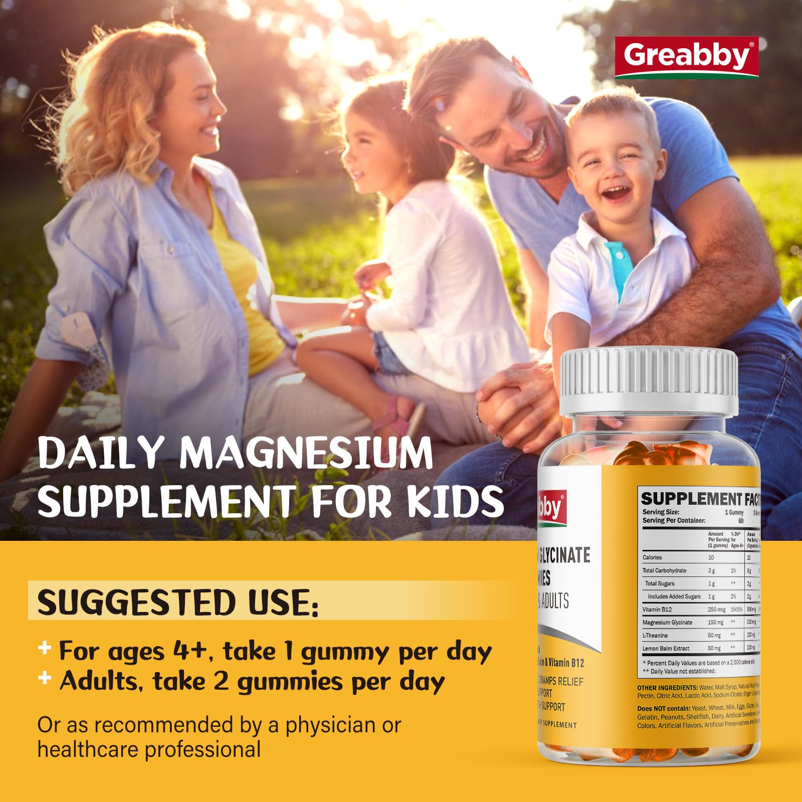Magnesium Glycinate Gummies for Kids & Adults, 120 Count | Magnesium Glycinate 300mg per Serving, Supplement with L-Theanine, Lemon Balm & Vitamin B12