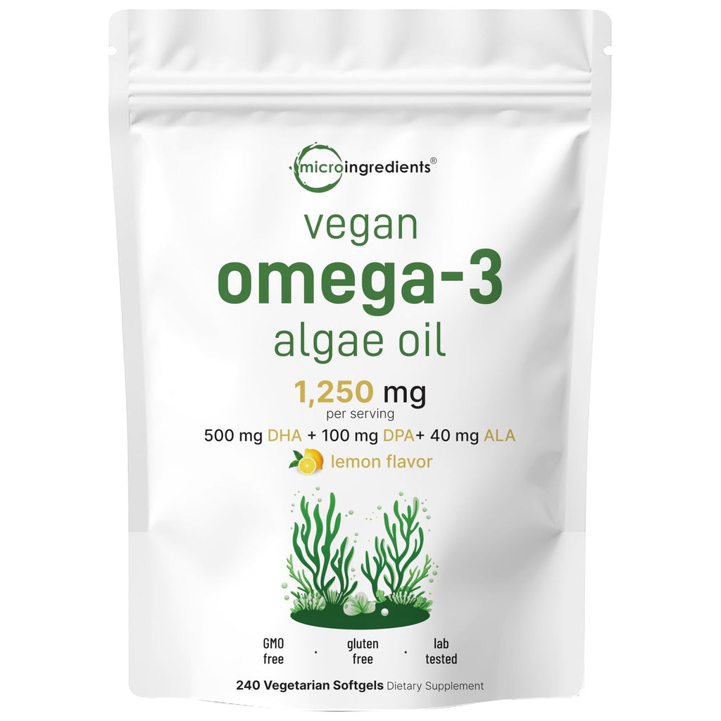 Micro Ingredients Vegan Omega 3 Algae Oil, 240 Veggie Softgels | Fish Oil Alternative | DHA 500mg & DPA 100mg | Carrageenan Free | Plant-Based Omega 3 with Flaxseed & ALA | Lemon Flavored