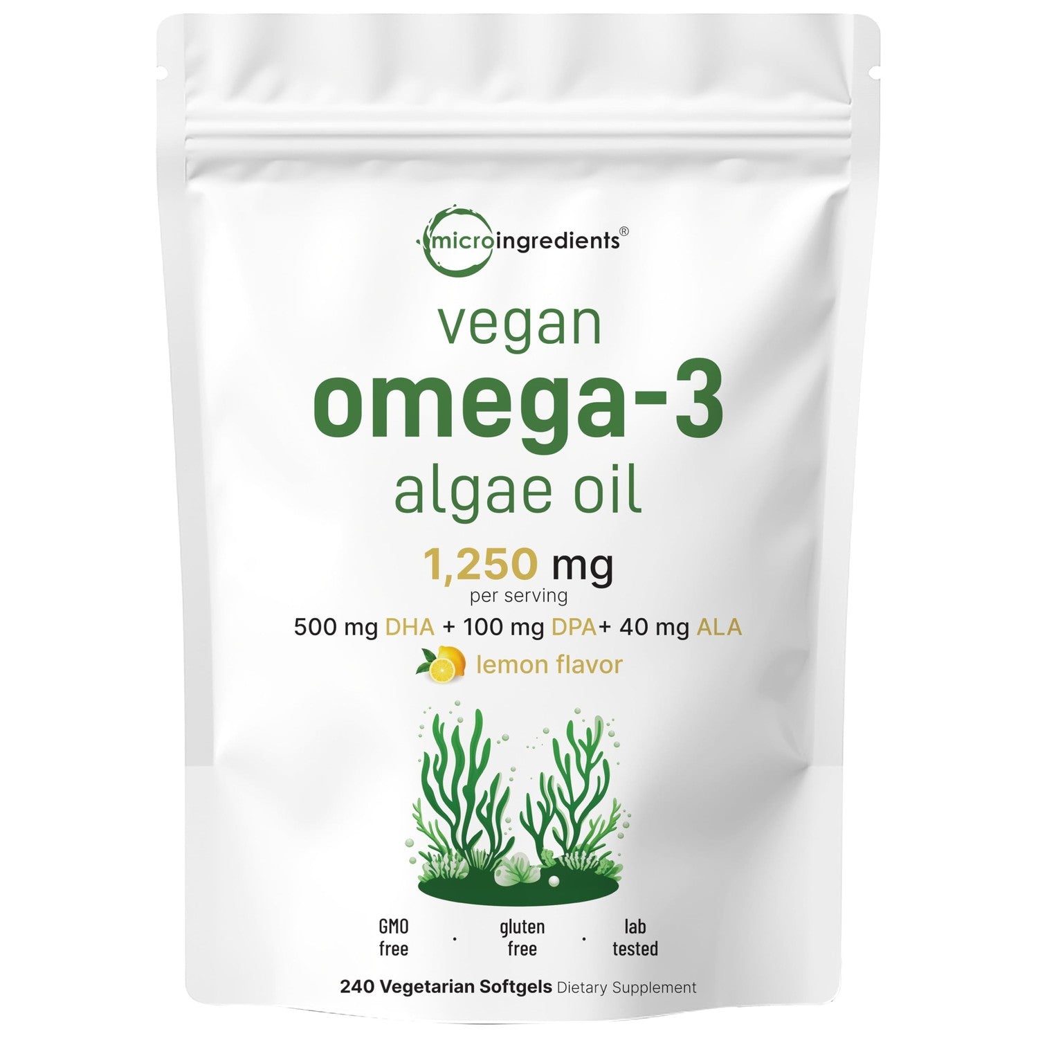 Micro Ingredients Vegan Omega 3 Algae Oil, 240 Veggie Softgels | Fish Oil Alternative | DHA 500mg & DPA 100mg | Carrageenan Free | Plant-Based Omega 3 with Flaxseed & ALA | Lemon Flavored