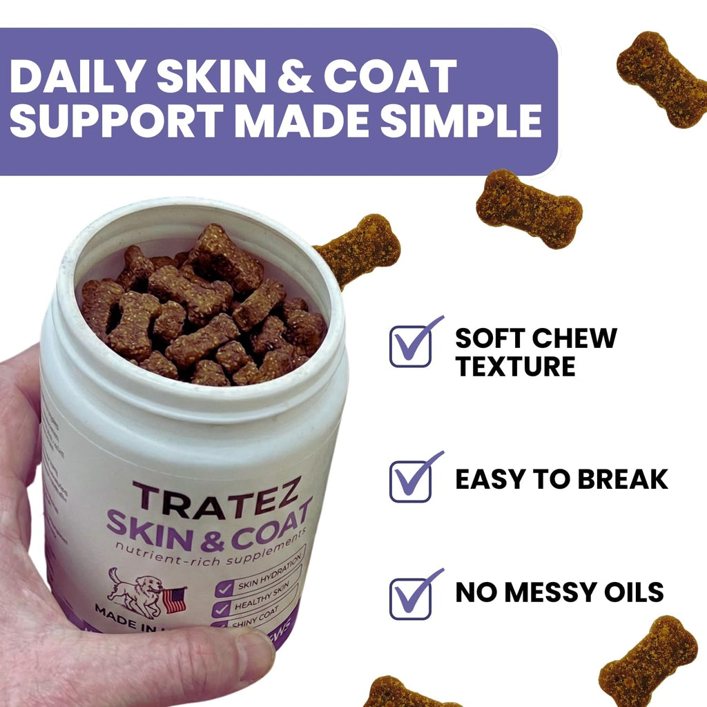 Skin & Coat Supplement for Dogs - Omega 3 6 9 Fish Oil & Vitamin E Soft Chews - Dog Itch Relief, Anti-Shedding & Shiny Coat Support for All Breeds, 90 Count