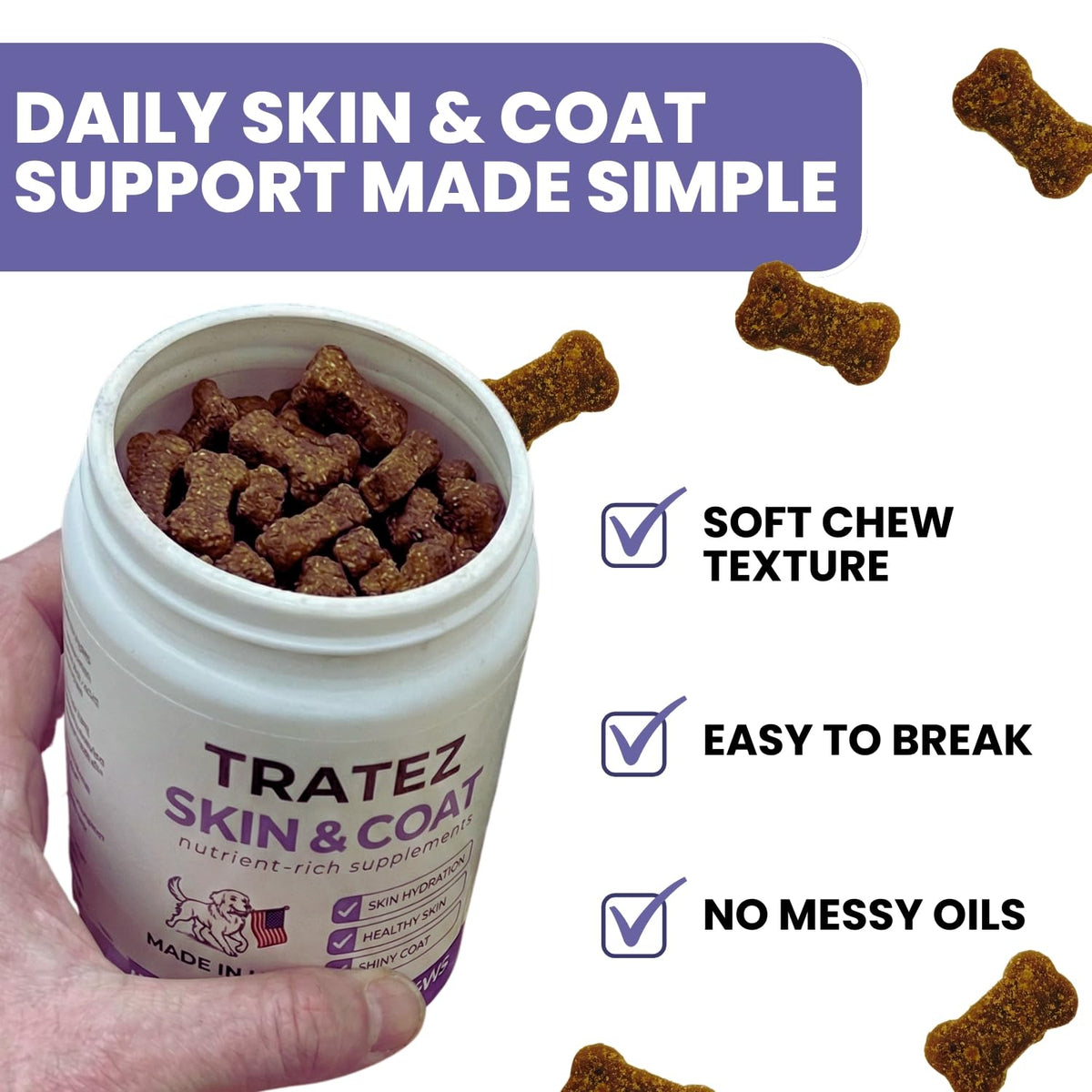 Skin & Coat Supplement for Dogs - Omega 3 6 9 Fish Oil & Vitamin E Soft Chews - Dog Itch Relief, Anti-Shedding & Shiny Coat Support for All Breeds, 90 Count