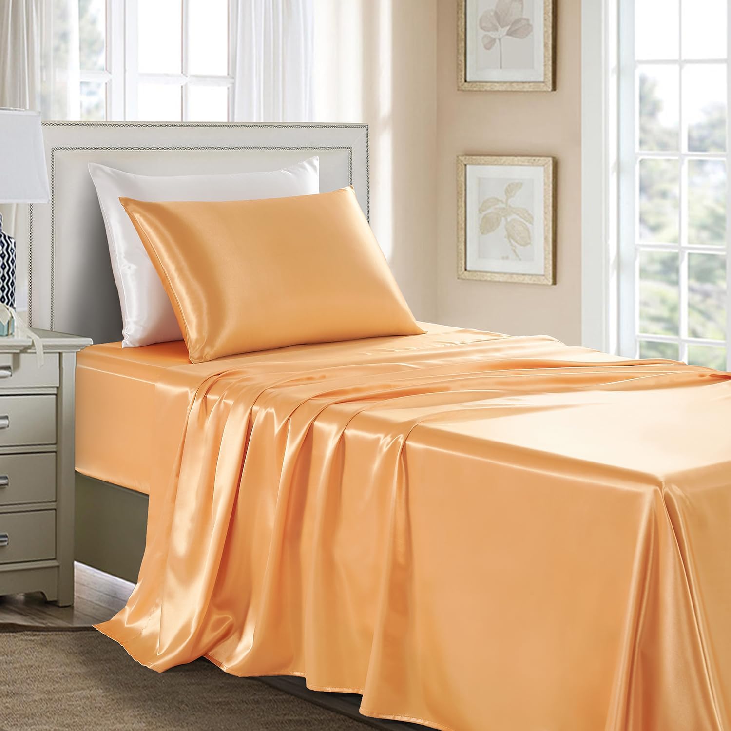 Buy now Satin Sheets King Size - 4 Pieces Luxury Silky Soft Bed Sheets, Wrinkle-Free Gold Satin Silk Sheet Set with 1 Deep Pocket Fitted Sheet, 1 Flat Sheet, 2 Pillow Cases Twin Gold at indiglob india