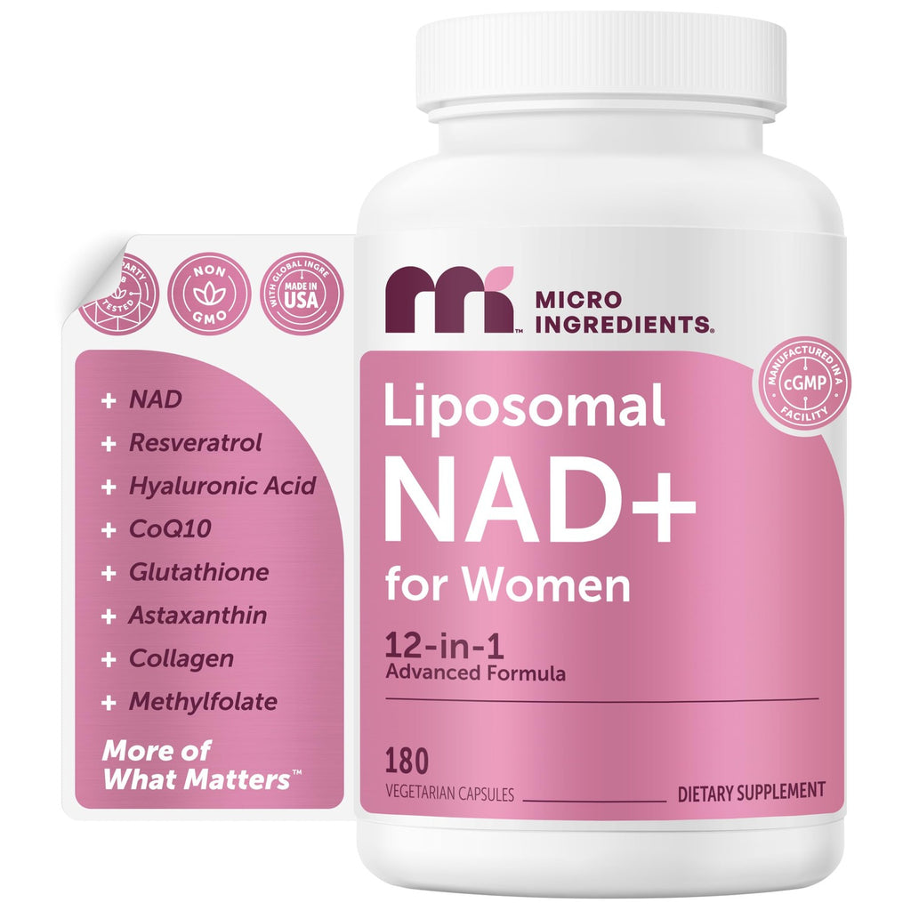 Micro Ingredients Liposomal NAD+ for Women Complex, 180 Veggie Capsules | NMN Pathway Supplement | 12-in-1 Advanced NAD Formula with Resveratrol, Hyaluronic Acid, Glutathione, & Collagen