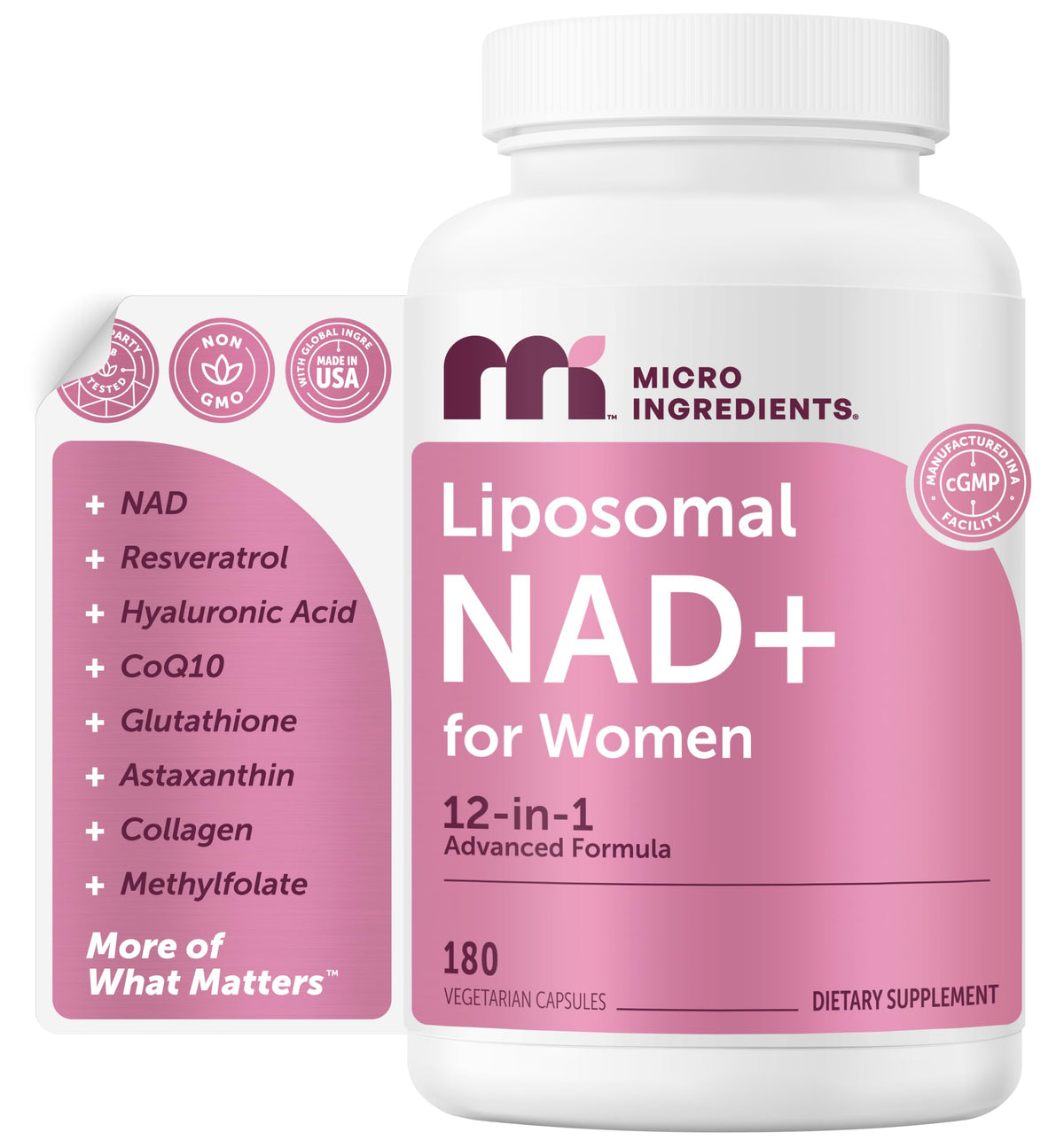 Micro Ingredients Liposomal NAD+ for Women Complex, 180 Veggie Capsules | NMN Pathway Supplement | 12-in-1 Advanced NAD Formula with Resveratrol, Hyaluronic Acid, Glutathione, & Collagen