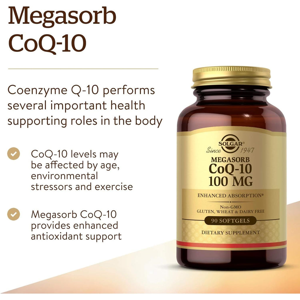 Buy now Solgar Megasorb CoQ-10 100 mg, 90 Softgels - Supports Healthy Aging - Coenzyme Q10 Supplement - Enhanced Absorption - Non-GMO, Gluten Free, Dairy Free - 90 Servings at indiglob india