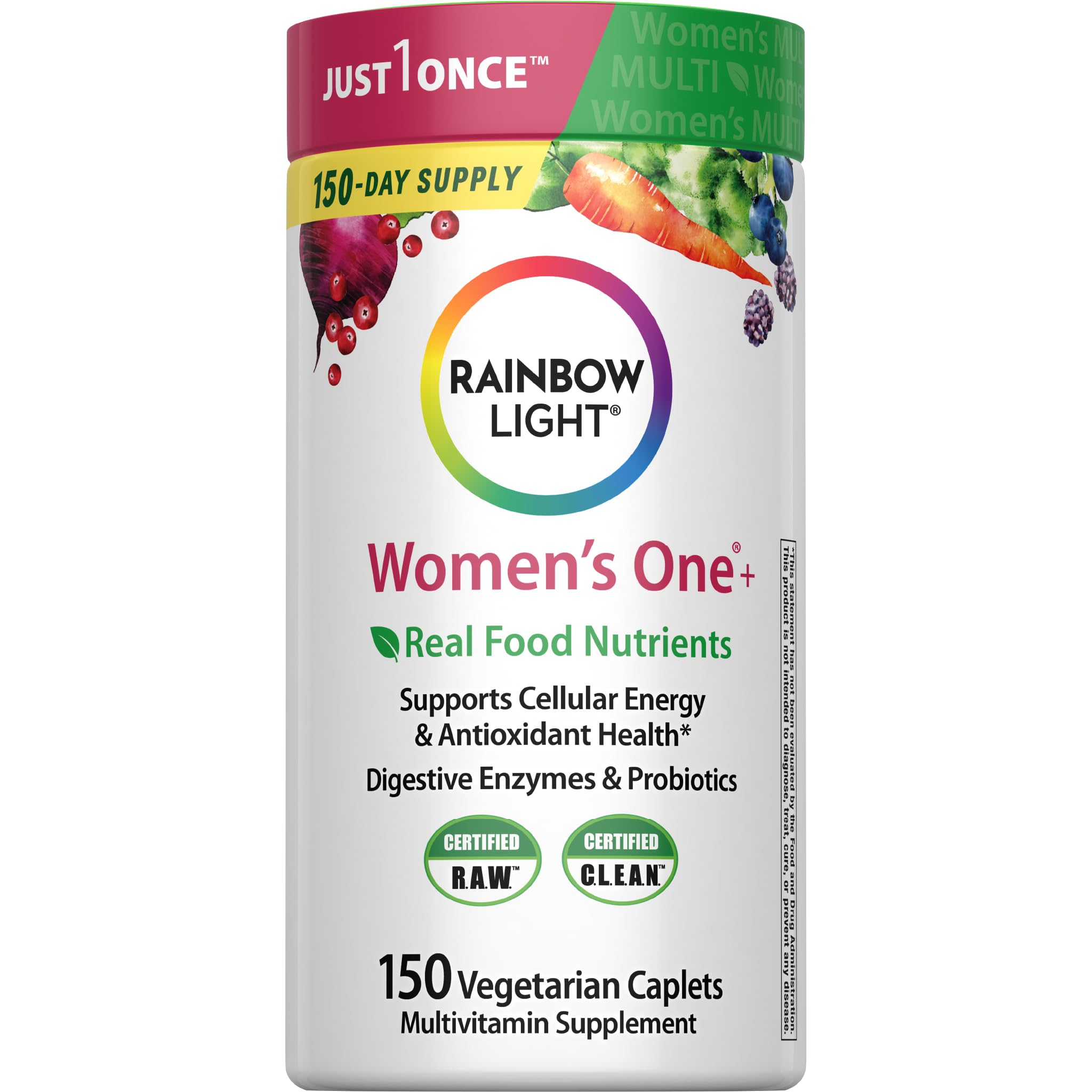 Rainbow Light Womens Multivitamin One + | 150 Caplets | Supports Cellular Energy & Antioxidant Health | Real Food Nutrients, Digestive Enzymes & Probiotics | with Vitamins C, D, and Zinc