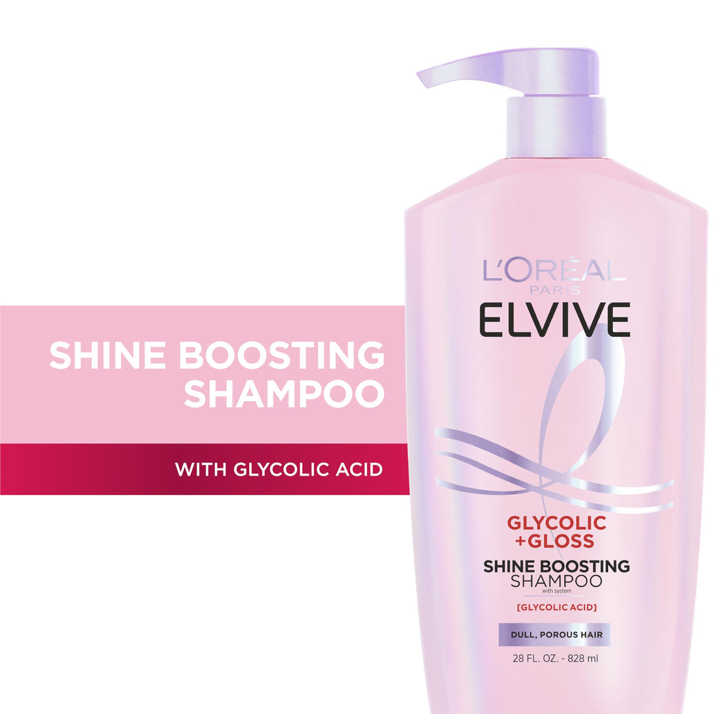 L'Oreal Paris Elvive Glycolic + Gloss Shine Boosting Shampoo, Cleanses and Smooths Dull, Porous Hair Into High-Shine, Glossy Hair, 28 Fl Oz