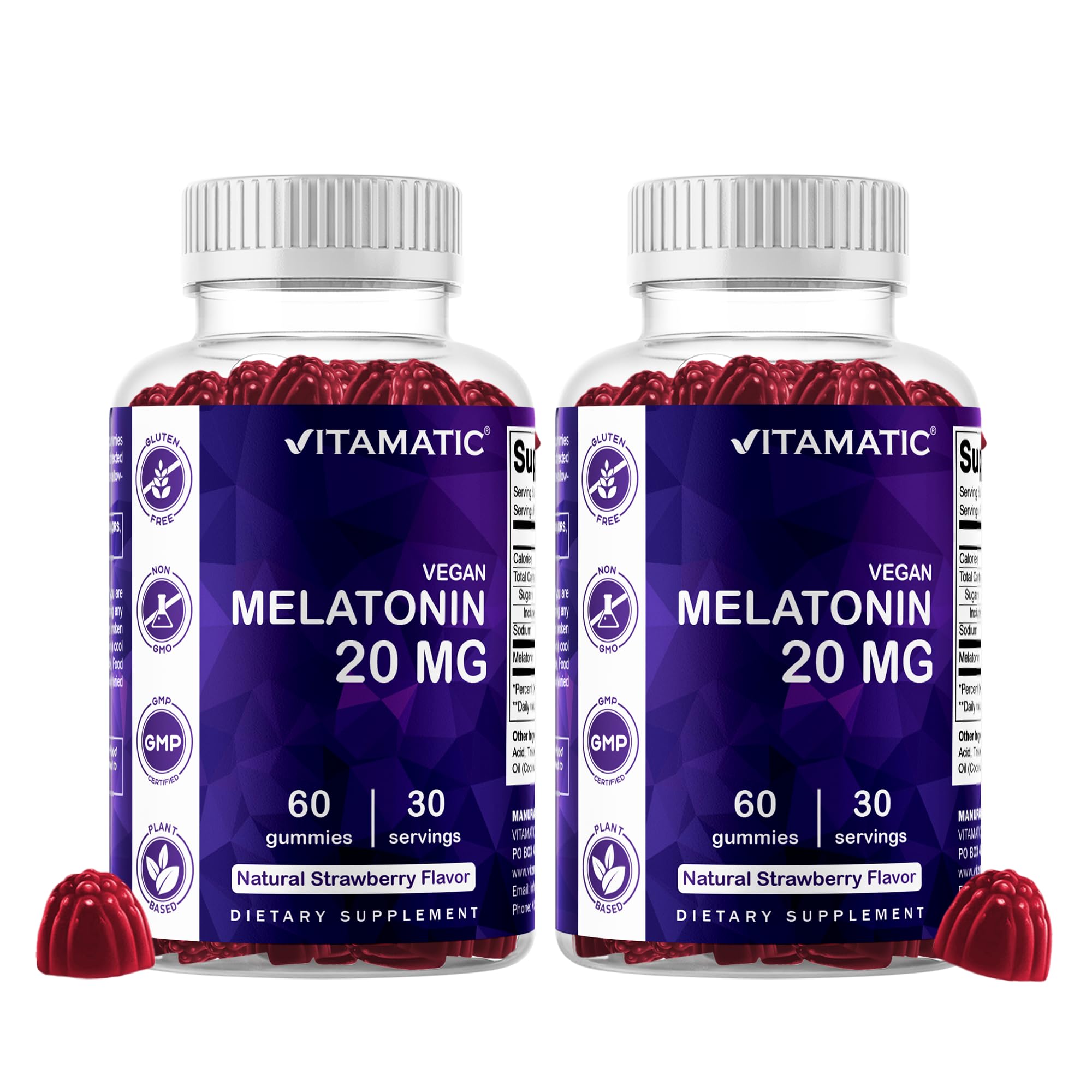 Vitamatic Melatonin 20 mg Gummies, Vegan, Strawberry, 60 Count - 2 Pack | 20 mg Melatonin Per Serving, Promotes Relaxation & Sleep Support*, Plant-Based, Gluten Free, Non-GMO