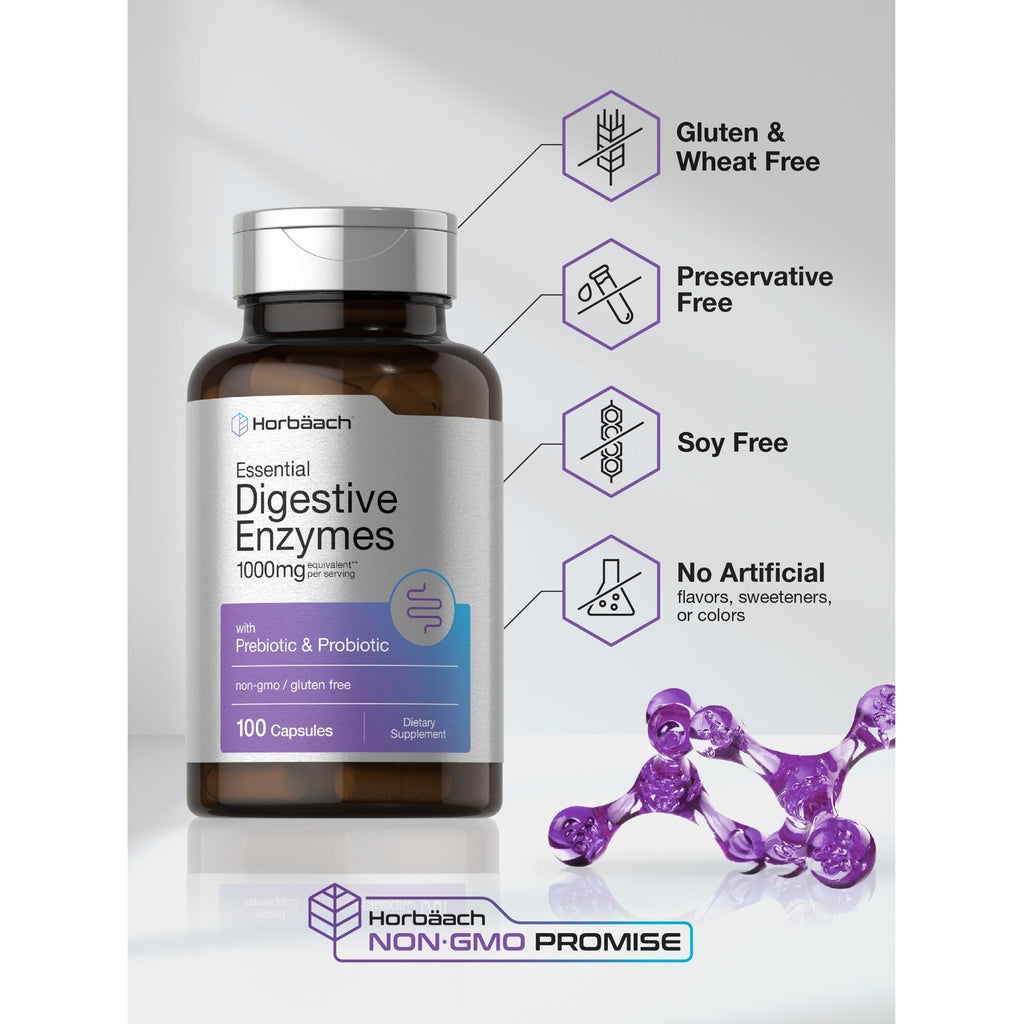 Horbäach Essential Digestive Enzymes | 100 Capsules | Enzyme Blend for Men & Women | Non-GMO & Gluten Free Supplement