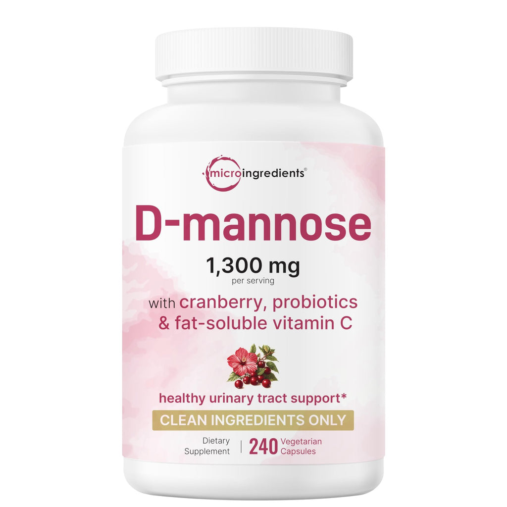 Micro Ingredients D Mannose 1,300mg Per Serving with Cranberry | 240 Veggie Capsules + Fat-Soluble Vitamin C & 1 Million CFU Probiotics Blend | Daily D Mannose Formula for Women | Filler Free, Non-GMO