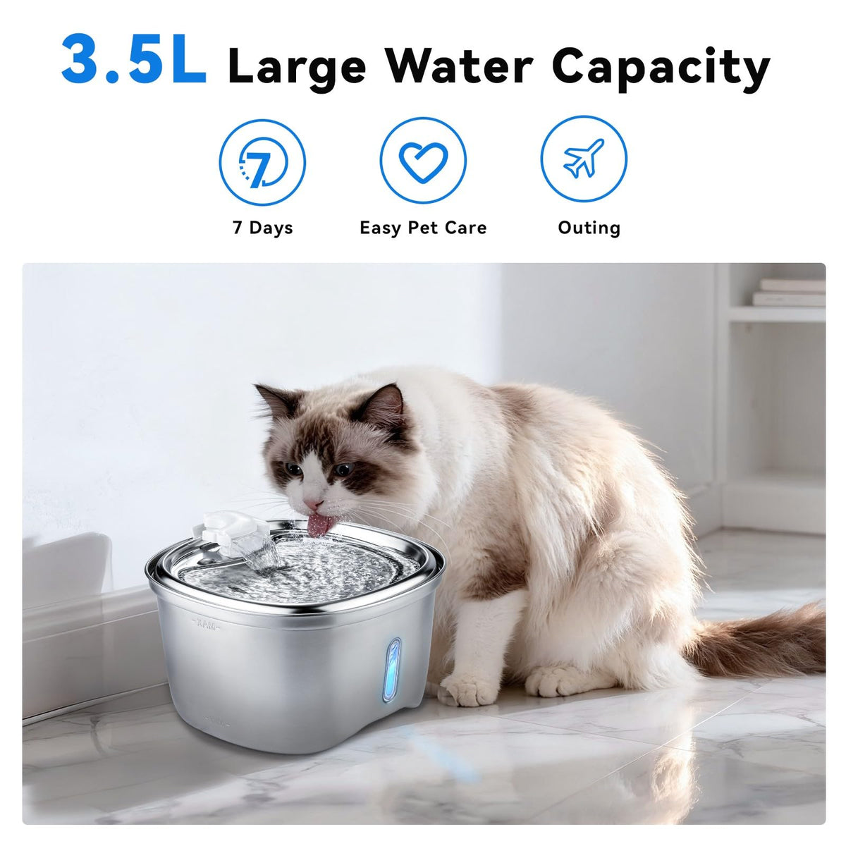 Cat Water Fountain Stainless Steel, 120oz/3.5l Water Fountains for Cats Indoor, Automatic Silent Pump, Easy Clean Water Bowl, with Replacement Filters, Unique Cat-Shaped Design