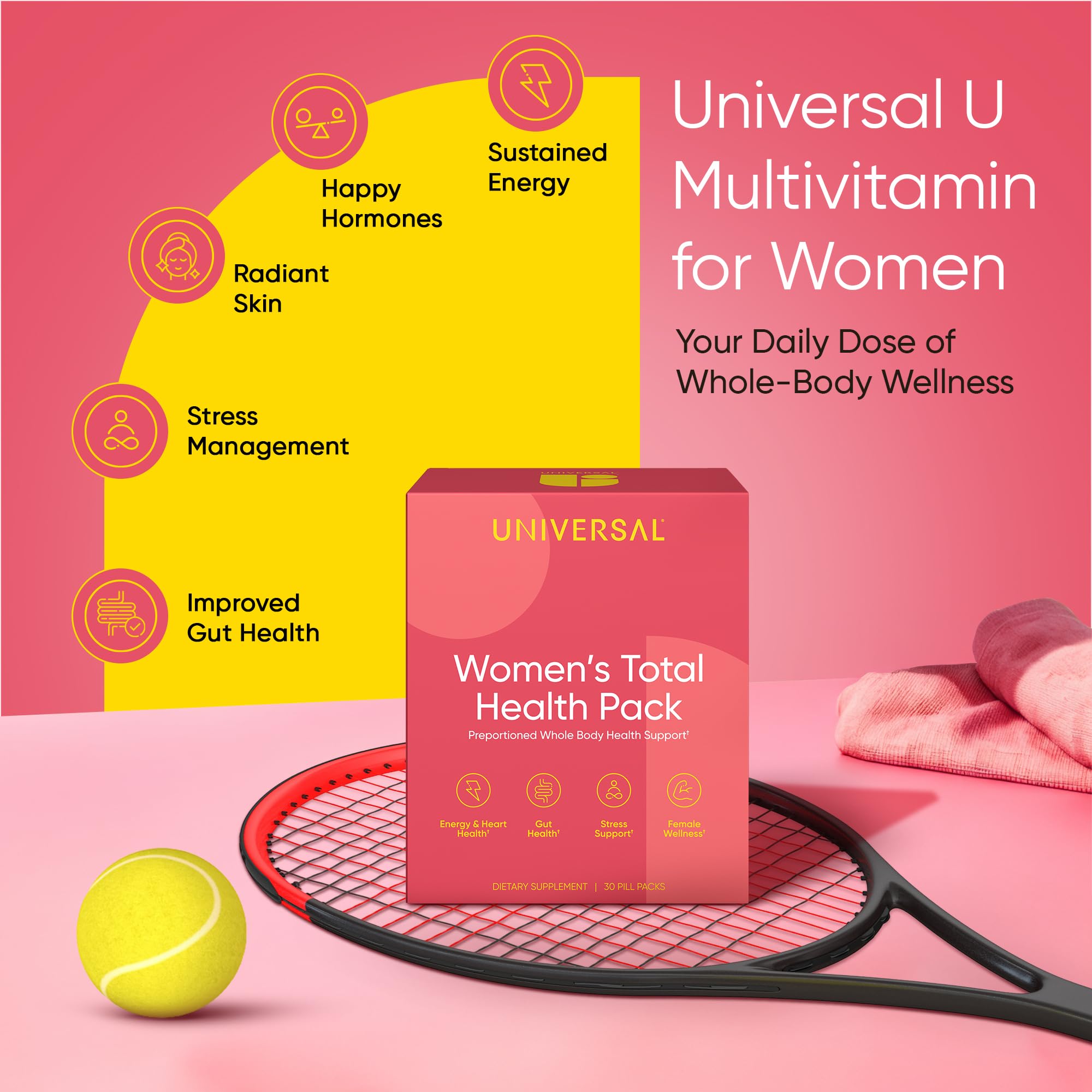 Universal U Women's Total Health Vitamin Packs — 23+ Vitamins, Minerals & Omega-3 Krill Oil with Ashwagandha, Cranberry & Chaste Tree Berry | Energy, Hormonal Balance, Mood, Skin, Gut | 30 Daily Packs