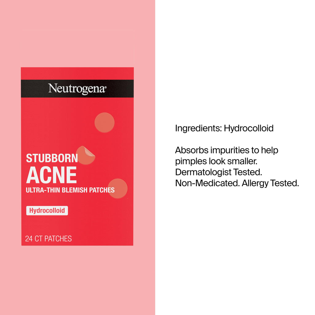 Neutrogena Stubborn Acne Patches, Ultra-Thin Pimple Patches, 24 Ct | Hydrocolloid Absorbs Impurities, Ultra-Thin, Works Overnight, Pimple Patches