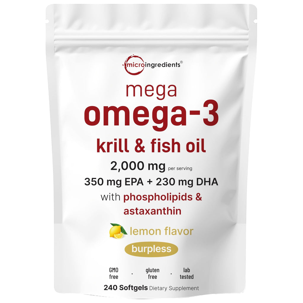 Mega Omega-3 Krill & Fish Oil 2,000mg Equivalent, 240 Softgels | Lemon Flavored | Burpless | Essential Fatty Acids & Astaxanthin | EPA 350mg + DHA 230mg | Heart & Brain Supplement
