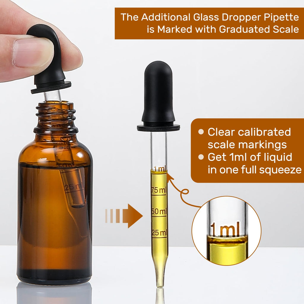 4 Pack, 1 oz Amber Glass Dropper Bottles Plus 2pcs Graduated Calibrated Glass Pipettes (1ml)- 30ml Dark Brown Tincture Bottles with Eye Droppers for Essential Oils, Liquids - Leakproof Travel Bottle