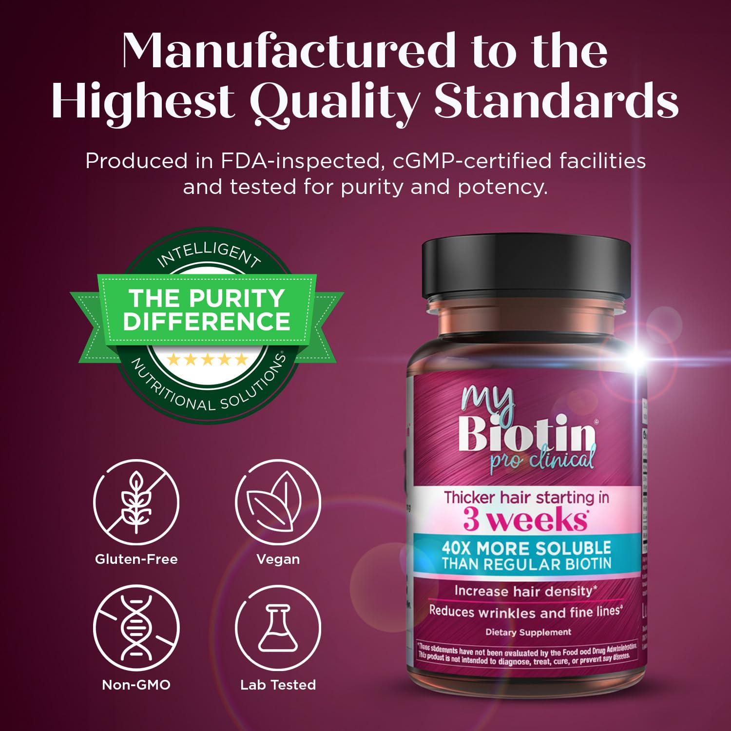 Purity Products MyBiotin ProClinical - Biotin - Thicker Hair in 3 Weeks | Fights Wrinkles, MB40X Patented Biotin Vitamin B7 Matrix w/Astaxanthin - 40X More Soluble vs Ordinary Biotin, 90 Veg Capsules