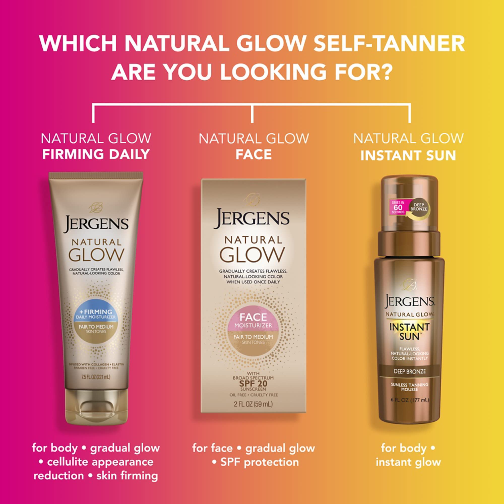 Jergens Natural Glow Face Self Tanner Lotion SPF 20, Fair To Medium, 2 oz | Sunless Tanning, Daily Facial Sunscreen, Oil Free Formula, Broad Spectrum UVA/UVB Protection, Gradual Color Development