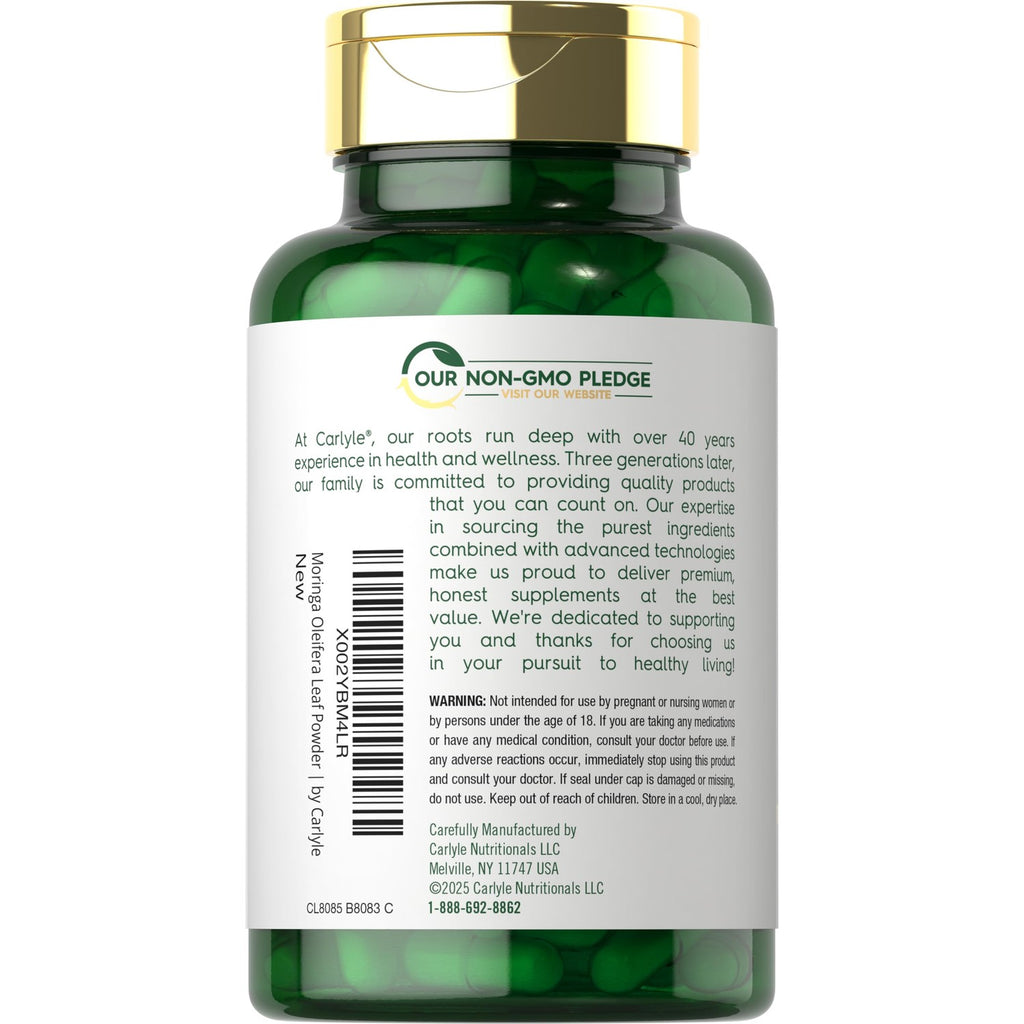 Carlyle Moringa Oleifera Supplement | 180 Capsules | Complete Green Superfood for Women and Men | From Moringa Leaf Powder | Non-GMO and Gluten Free
