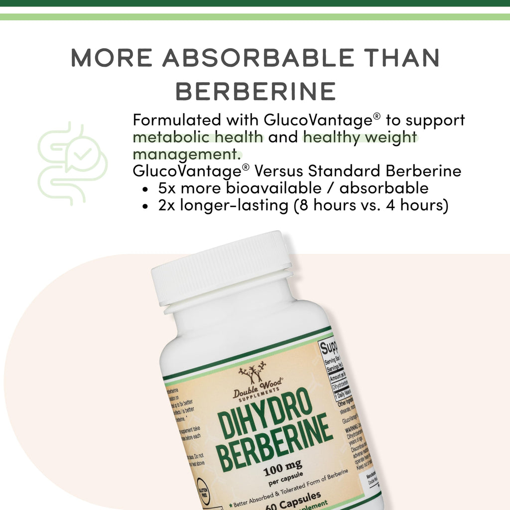 Dihydroberberine 100mg GlucoVantage, Metabolism, 60 Capsules | Metabolism Supplement, Gentler + Better-Absorbed Than Berberine, Patented GlucoVantage