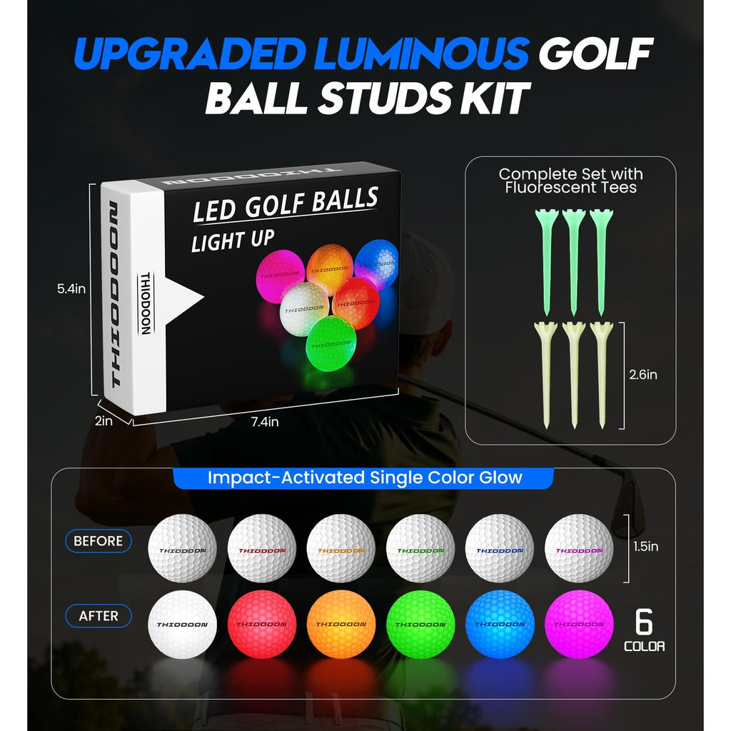THIODOON Glow in The Dark Golf Balls Light up Led Golf Balls Night Golf Gift Sets for Men Kids Women 6 Pack (6 Colors in one)