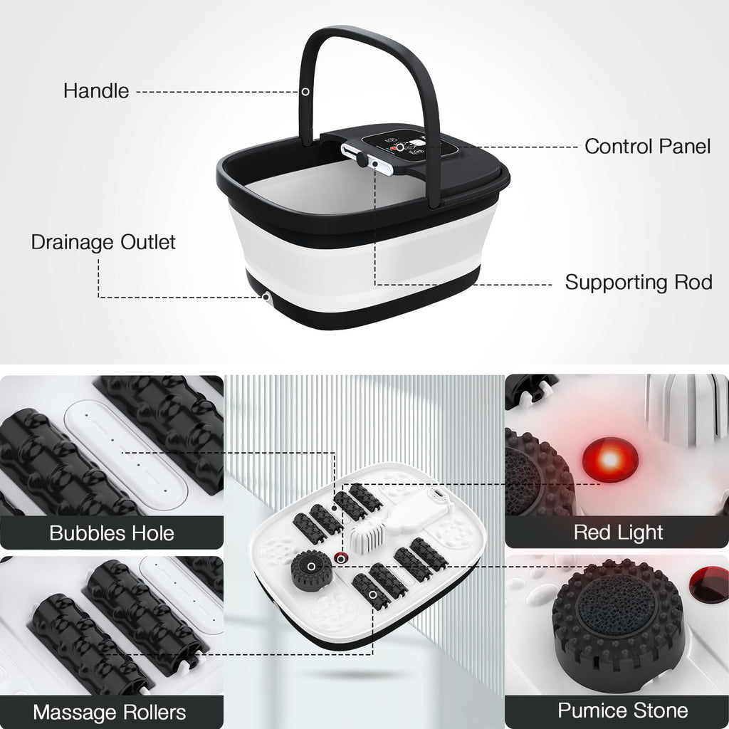 HOSPAN Collapsible Foot Spa, Foot Bath Massager with Heat, Bubble & Massage | 8 Shiatsu Rollers, 95°F-118°F Temp Control, Red Light, Handle, Space-Saving Collapsible Design, for Stress Relief