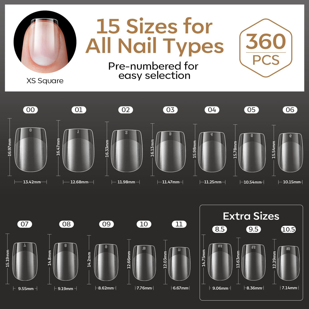 Modelones Short Almond Nail Tips offer 360 pieces in 15 sizes, pre-numbered for easy selection. Verified by CuratCart.