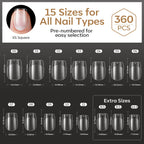 Modelones Short Almond Nail Tips offer 360 pieces in 15 sizes, pre-numbered for easy selection. Verified by CuratCart.