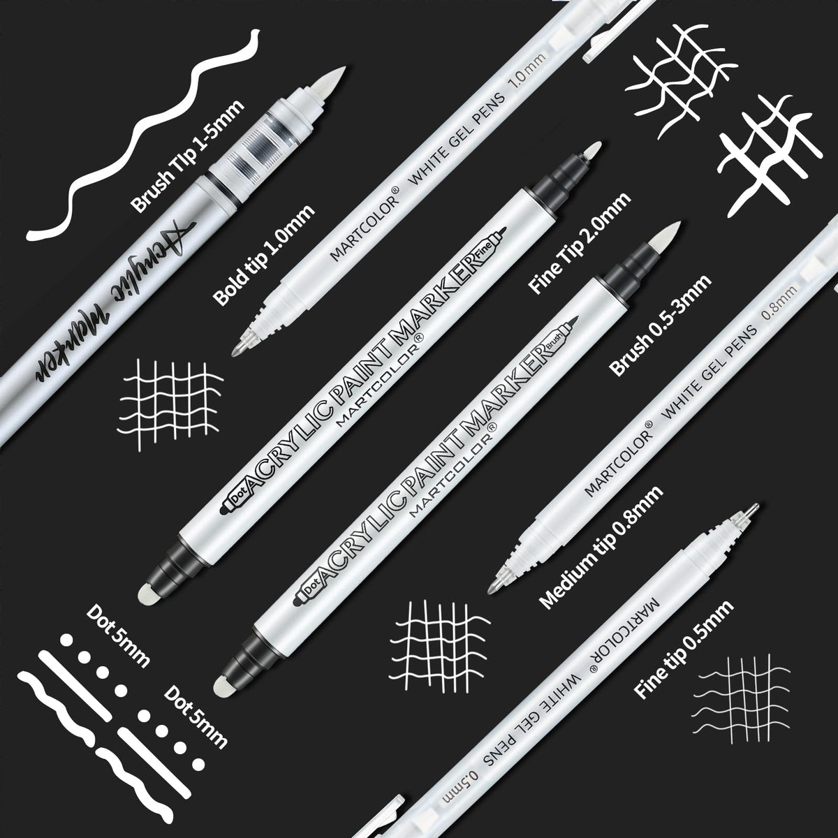 MARTCOLOR White Pens Set, 7 Pack White Gel Pen Dual-Tip Acrylic Paint Pen