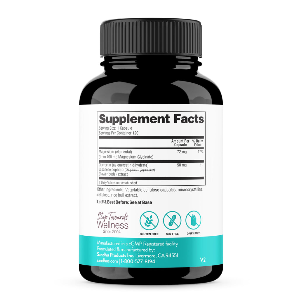 Magnesium Glycinate 400mg Capsules with Quercetin for Men & Women 120 Count | Pure Chelated Magnesium For Good Sleep, Relaxation | High Absorption, USA Made NSF GMP Certified 3rd Party Tested | Sandhu's