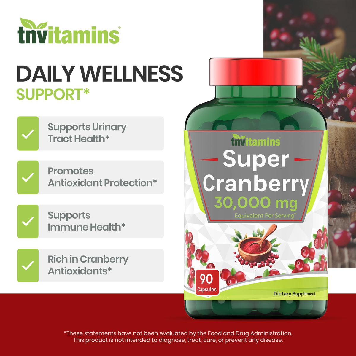 tnvitamins Cranberry Pills for Women & Men - 90 Capsules | Supports Urinary Tract Health* | Cranberry Concentrate Supplement | Bladder & Kidney Support* | Supports Women's Health* | Antioxidants