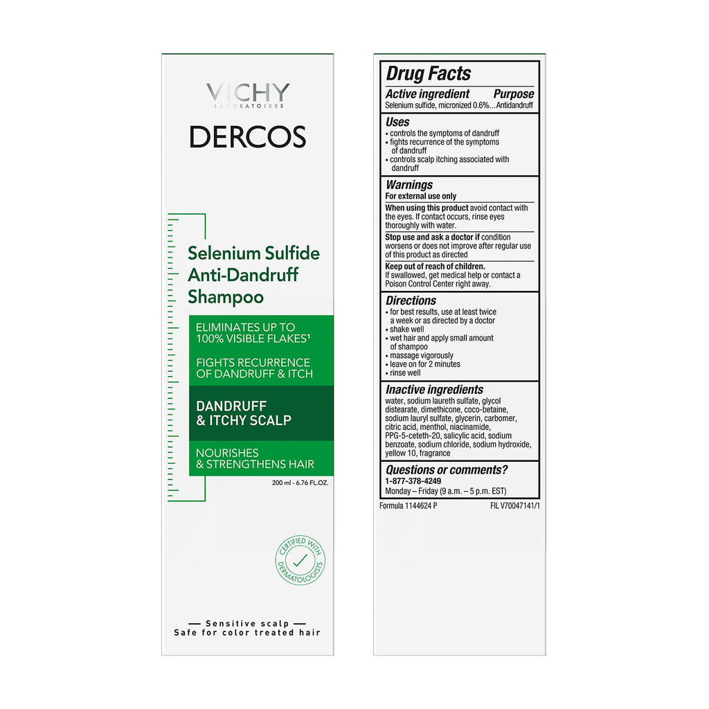 Vichy Dercos Dandruff Shampoo, Antifungal Itchy Scalp Treatment for Men & Women, Clinical Strength Selenium Sulfide, Formulated with Niacinamide & Salicylic Acid, Color Safe, Dermatologist Recommended