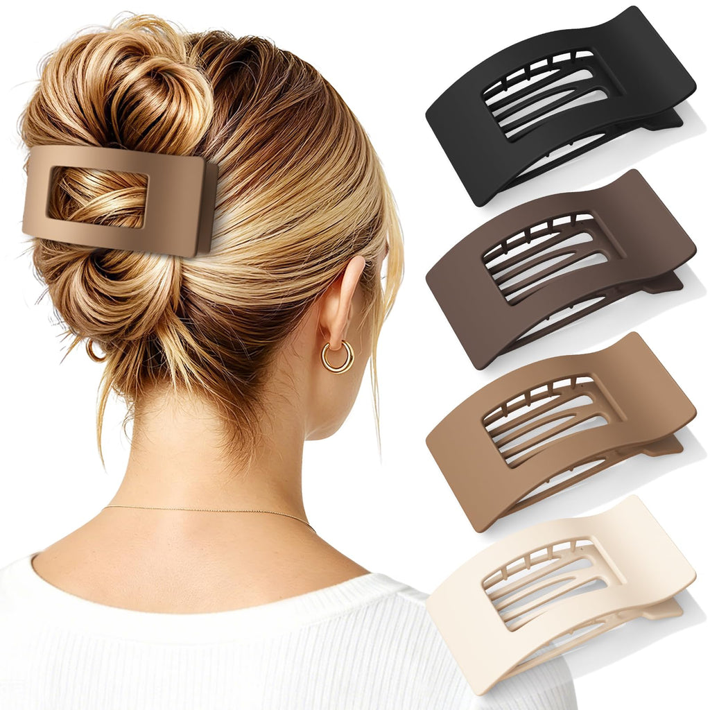 4 PCS Large Flat Hair Clips for Women Girls, French Concord Lay Down Claw Clips for Thick Thin Hair, Comfortable Curved Flat Clip, Leopard Print Stylish Strong Hold Hair Accessories, Tortoise