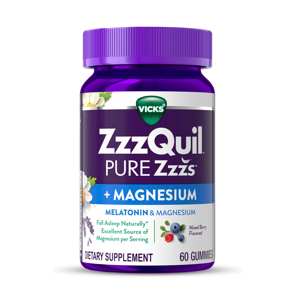 Buy now ZzzQuil Pure Zzzs + Magnesium, Sleep Aid, Magnesium Citrate and Melatonin Gummies, Melatonin 2mg, Sleep Aids for Adults, Mixed Berry Flavored, 60 Sleep Gummies at indiglob india