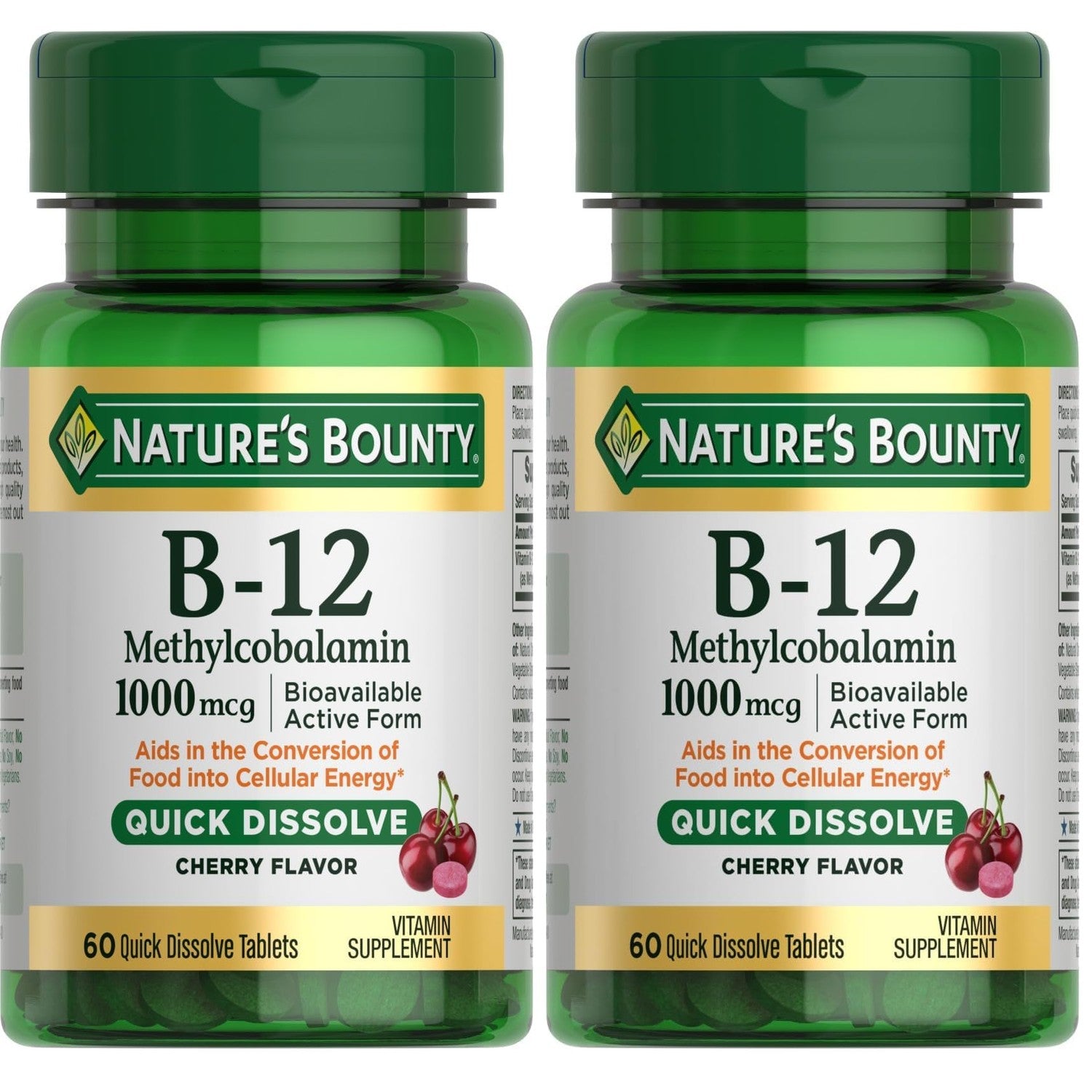 Nature's Bounty Vitamin B-12 Quick Dissolve Tablets, 1000mcg, Aids in the Conversion of Food into Cellular Energy, Cherry Flavor, 60ct
