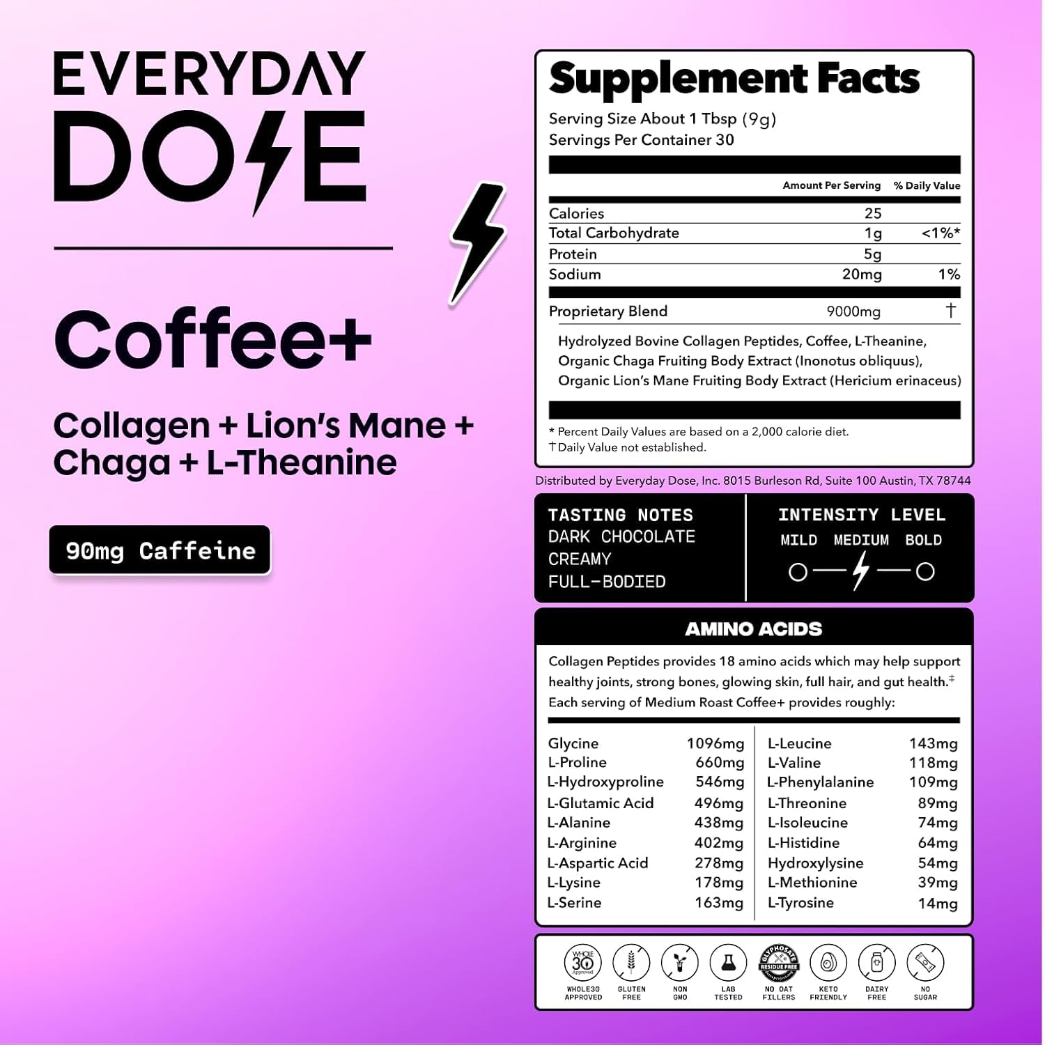 Everyday Dose Bold Medium Roast Mushroom Coffee 90mg Caffeine per serving with Grass-Fed Collagen, Chaga, Lions Mane & L-Theanine for Better Focus, Energy, Digestion, Skin, and Immunity 30 Servings