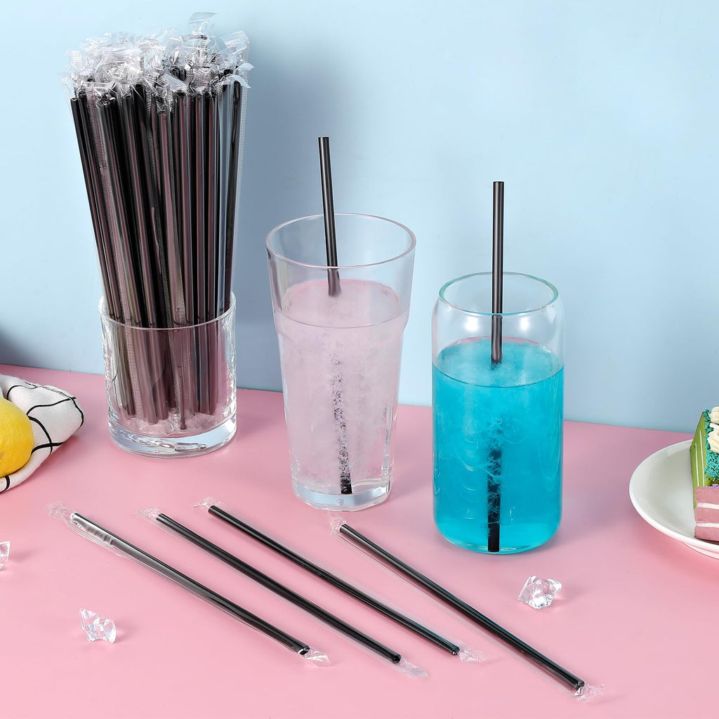 100Pcs Disposable Plastic Straws - Individually Wrapped Black Straws