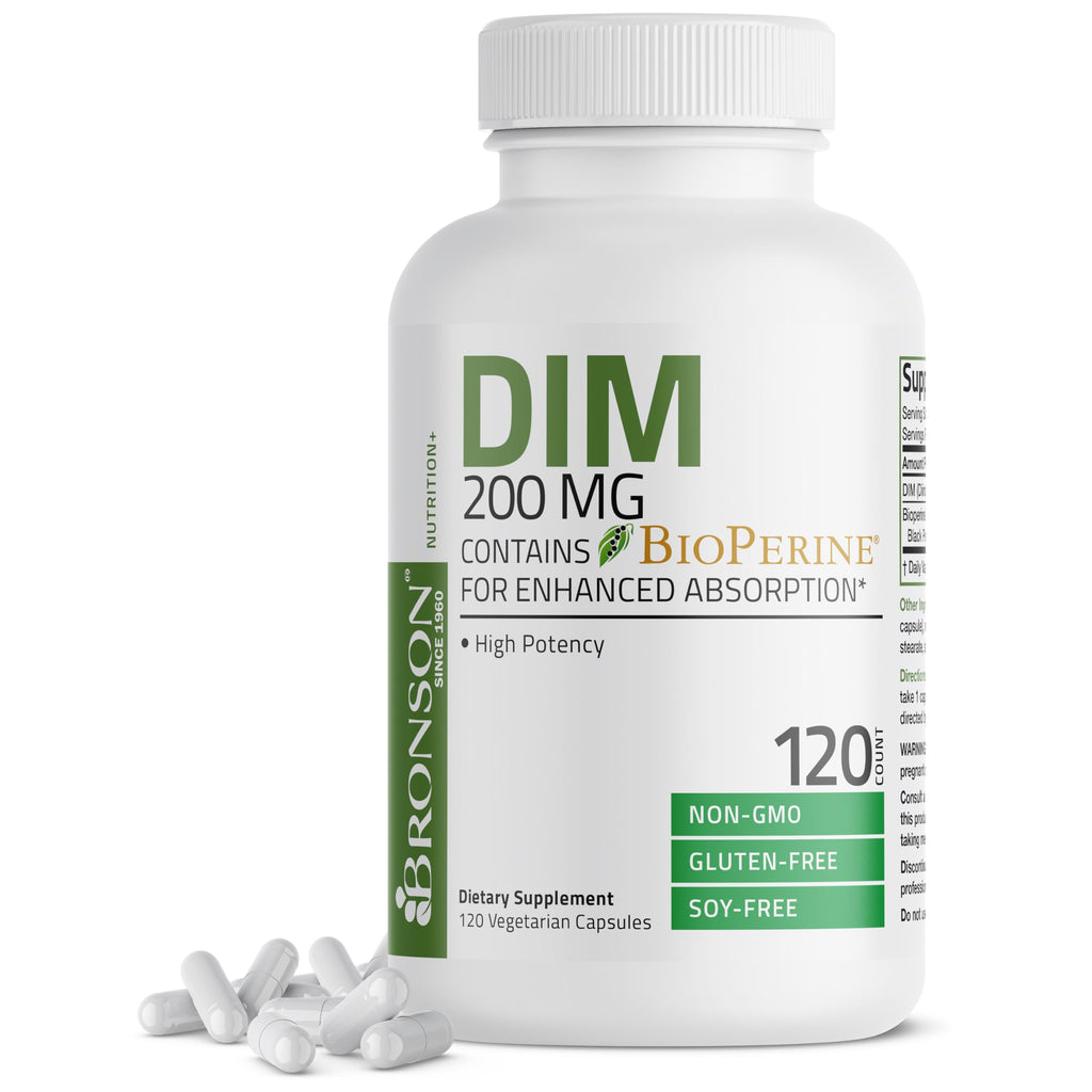 Bronson DIM 200 mg Diindolylmethane with BioPerine, 120 Vegetarian Capsules | Enhanced Absorption, Healthy Estrogen Metabolism & Balanced Hormones for Men & Women, Non-GMO, Gluten-Free & Soy-Free