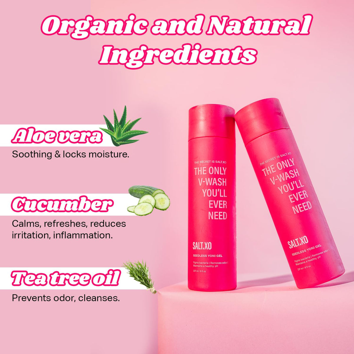 salt.xo Seedless Yoni Gel Wash, Feminine Wash with Refreshing Cucumber and Aloe Vera, All Natural Intimate Care Gel for Women, pH Balance V Wash Cruelty-Free, Feminine Hygiene Products (8 Fl Oz)