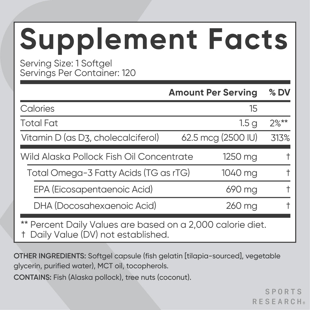 Sports Research® Omega-3 Fish Oil 1250mg + D3 2500iu, 120 Count