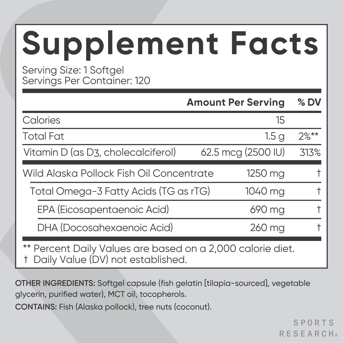 Sports Research® Omega-3 Fish Oil 1250mg + D3 2500iu, 120 Count