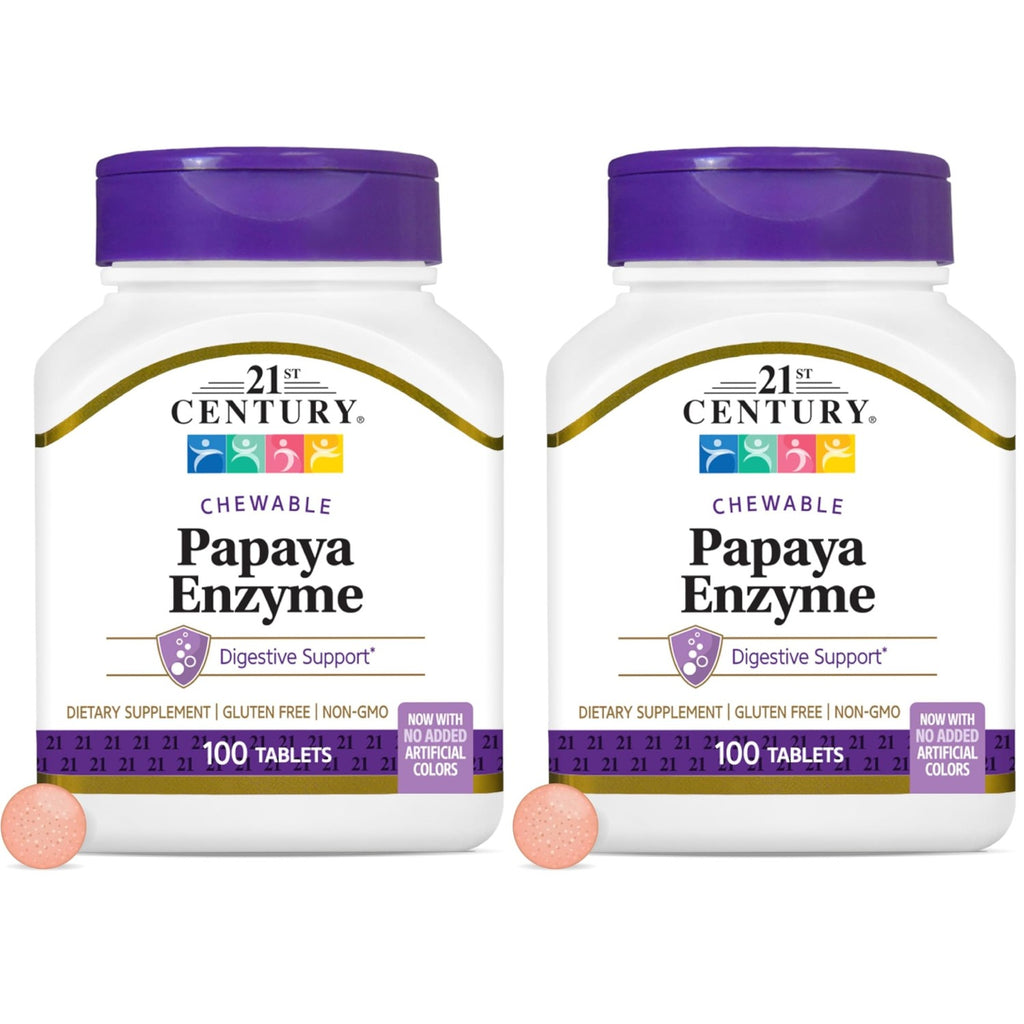 21st Century Papaya Enzyme Chewable (100 Count), Papaya & Pineapple Digestive Enzymes for Gut Health, Tropical Flavor, Non-GMO, Gluten-Free, No Added Salt, Artificial Flavors (Pack of 2)