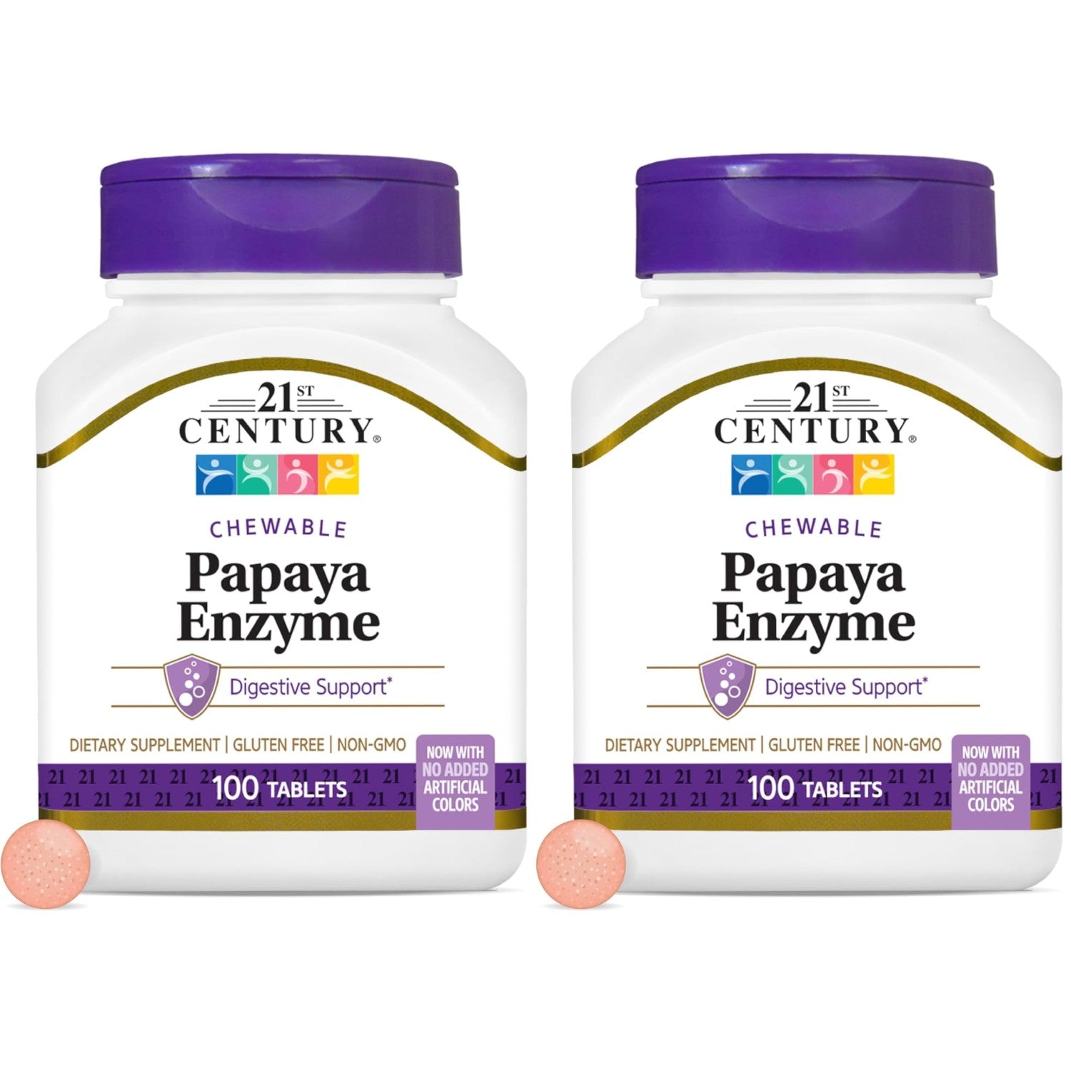 21st Century Papaya Enzyme Chewable (100 Count), Papaya & Pineapple Digestive Enzymes for Gut Health, Tropical Flavor, Non-GMO, Gluten-Free, No Added Salt, Artificial Flavors (Pack of 2)