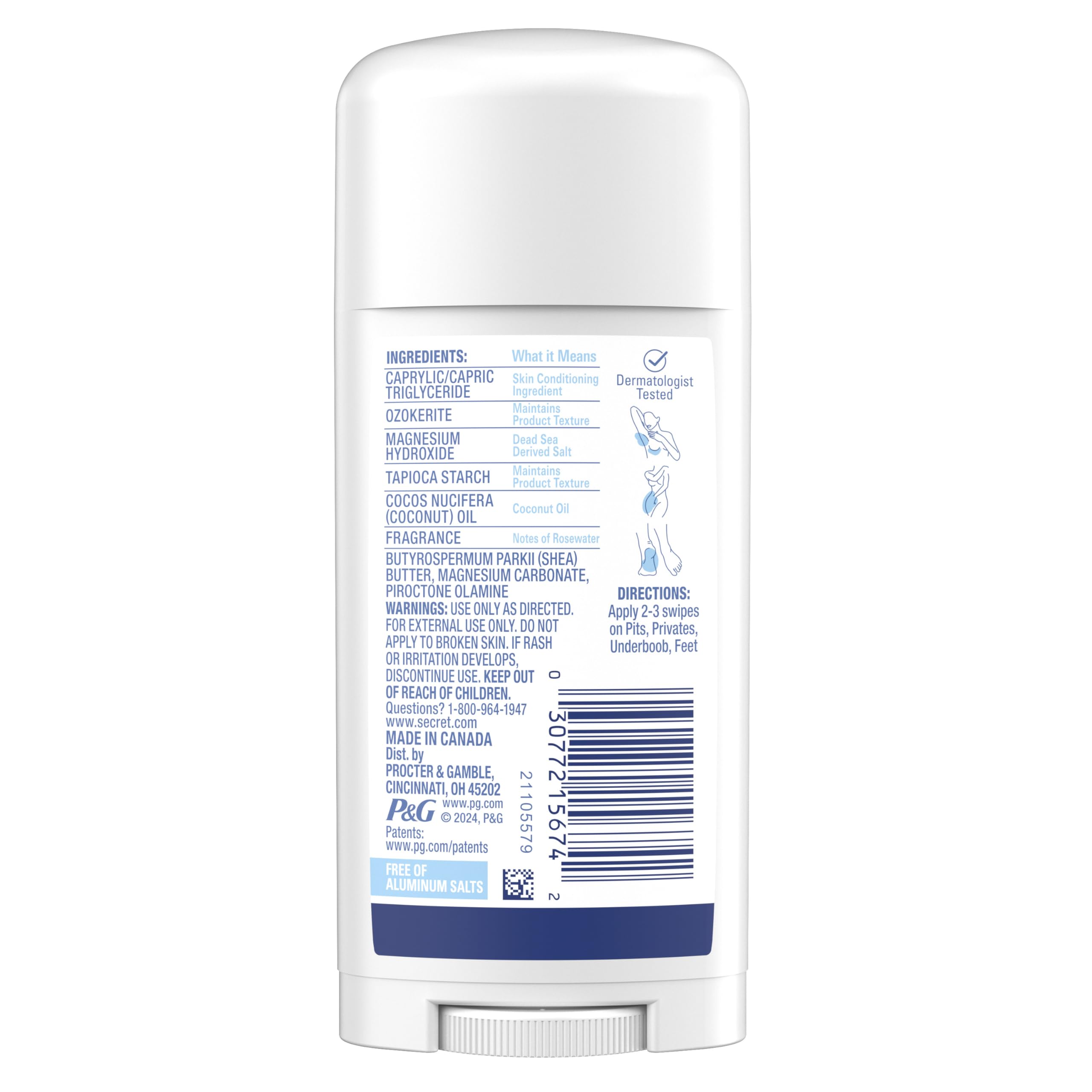 Secret Whole Body Deodorant Stick for Women, Rosewater Scent, Aluminum Free Deodorant Stick, 72 HR Odor Protection, 2.4 oz